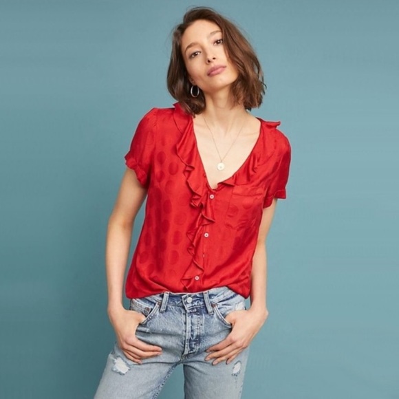 Anthropologie Tops - Anthropologie Maeve Jojo Ruffled Polka Dot Blouse - Size M